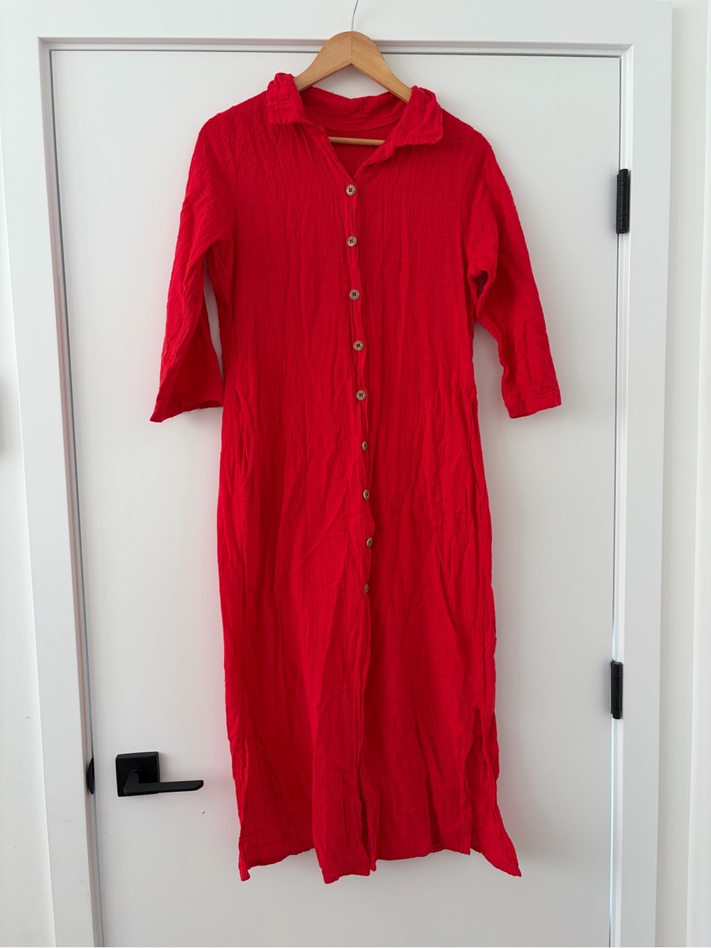 Ezze Wear Made in Canada 100% Cotton Red Button-Front Maxi Shirt Dress Small